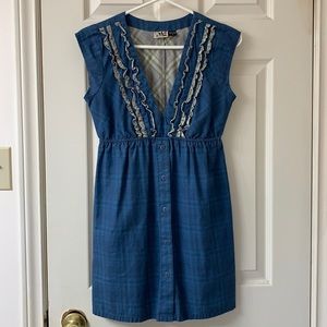 🌷3 for$25🌷Volcom, US S, Blue & Grey Plaid Ruffle Front V-Neck Tunic/Mini Dress